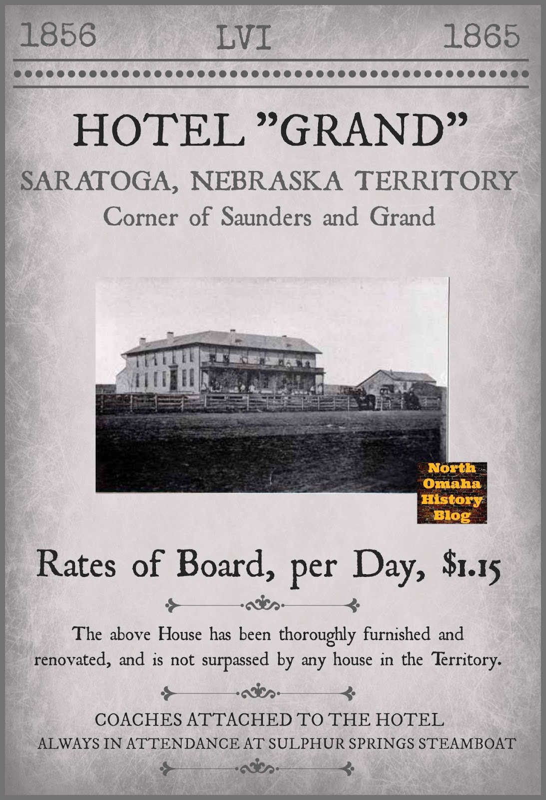 A modern flyer for the historic Grand Hotel in Saratoga, Nebraska Territory.