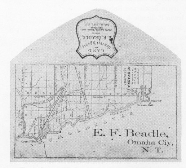 This is a map of Omaha City on stationary for founder Erastus Beadle featuring Saratoga between Omaha and Florence.