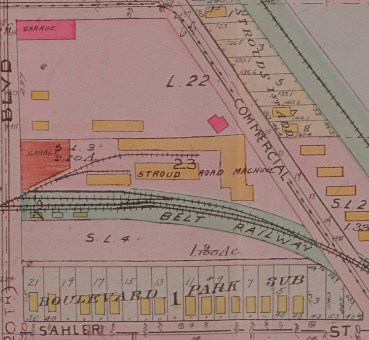 In this 1910 Sanborn Fire Insurance map, we see the Stroud Road Machine factory was located on the site of the former Omaha Driving Park.