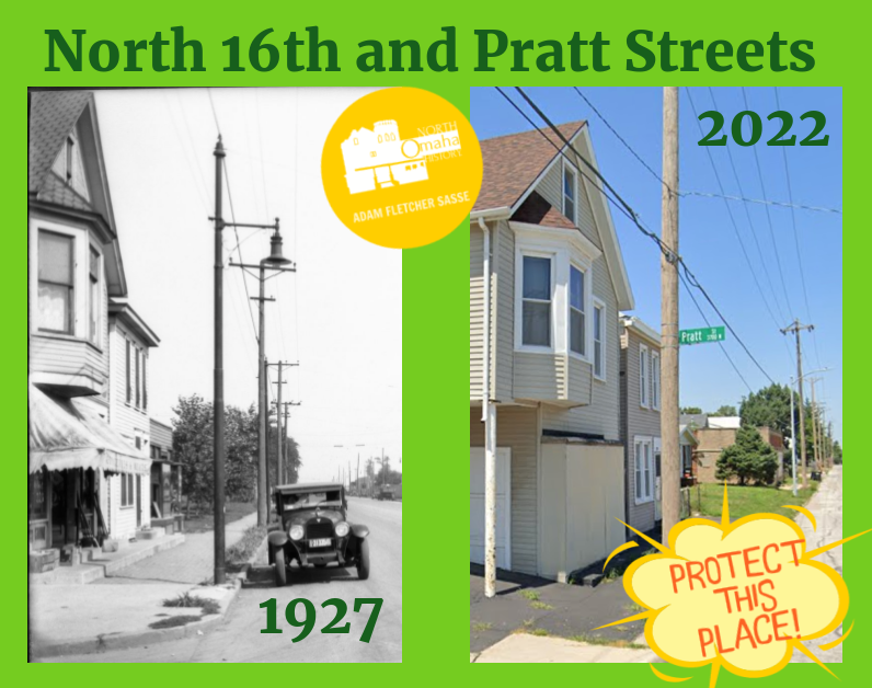 This is a then-and-now comparison pic of N. 16th and Pratt Streets in North Omaha, Nebraska, in 1927 and in 2022. Pic on left courtesy of the Durham Museum.