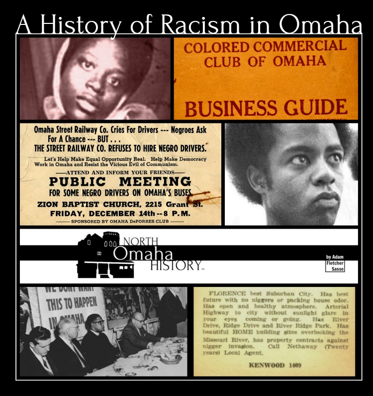 The history of racism in Omaha includes (clockwise from upper left) the murder of Vivian Strong; the Colored Commercial Club of Omaha; the DePorres Club; David Rice; the Omaha Ministerial Alliance; redlining; and much more.