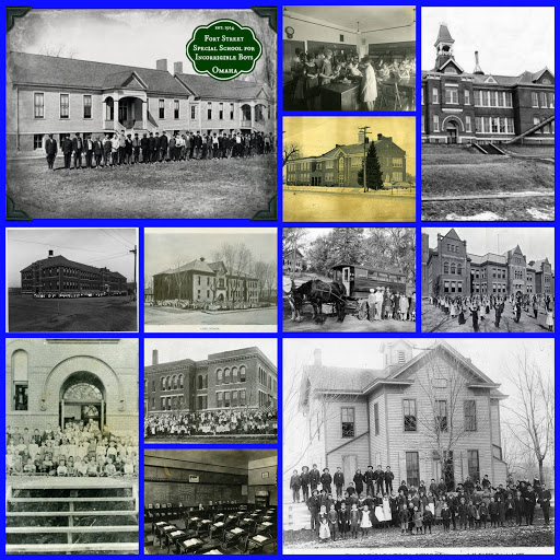 Schools in North Omaha, from upper left: Fort Street Special School; Long School classroom; Pershing School; Florence School; Lake School; Florence School bus; Saratoga School; Florence School classroom; Monmouth Park School; Long School; Lake School students; Miller Park School