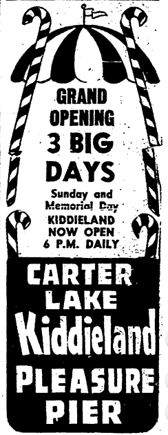 1957 ad for the Carter Lake Kiddieland and Pleasure Pier, North Omaha, Nebraska.