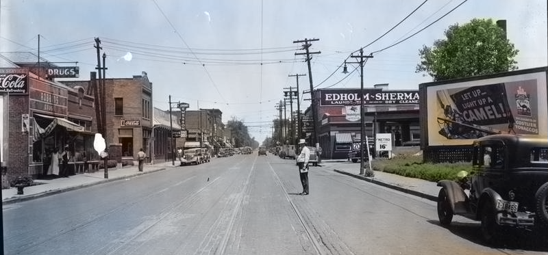 This is a colorized version of a 1938 pic of 24th and Willis. Image courtesy of the Durham Museum.
