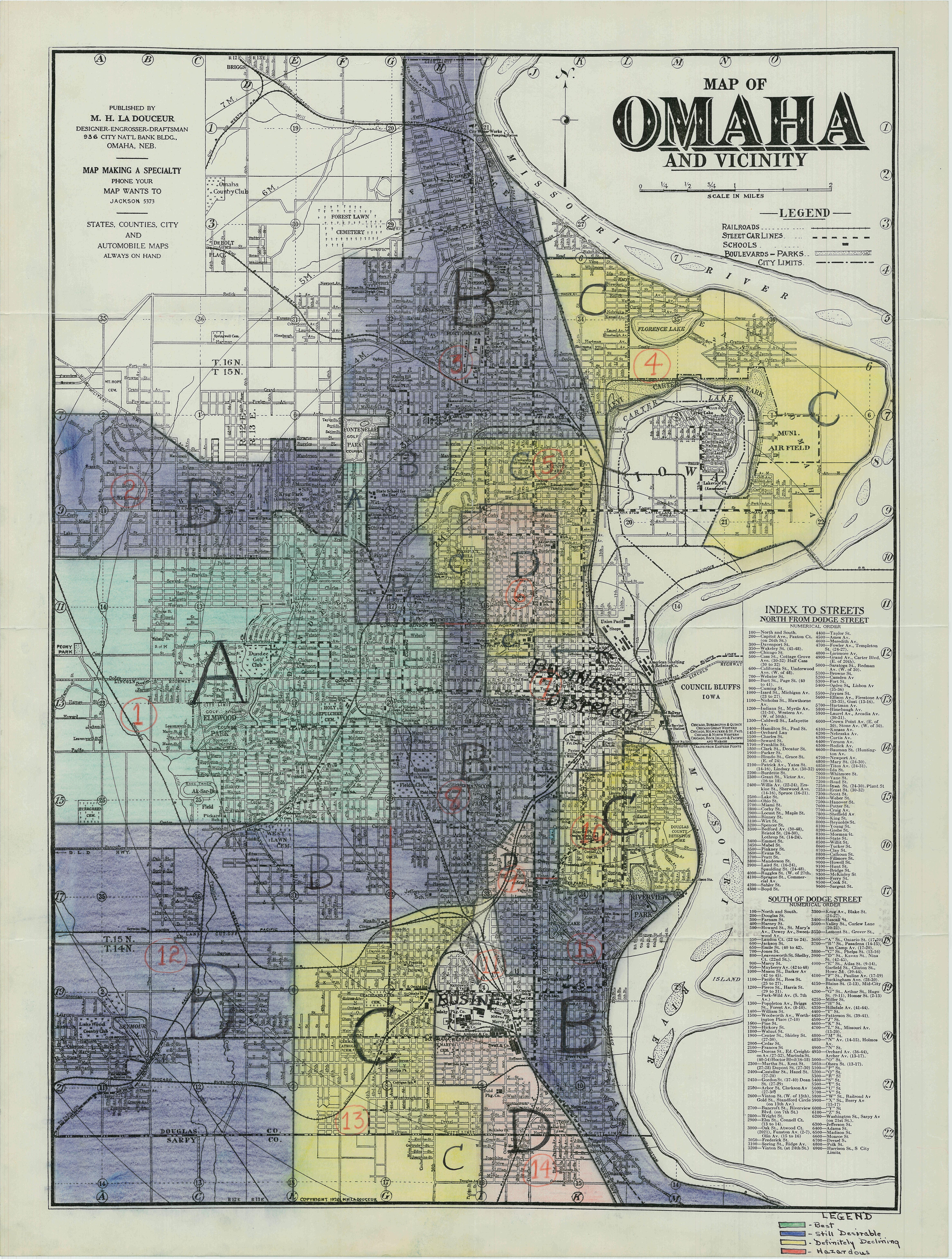 This is a 1930s era US federal government Home Owners Loan Corporation map from the US Library of Congress. It was found by Palma Joy Strand, a professor at Creighton Law School and the Werner Institute 2040 Initiative at Creighton University.