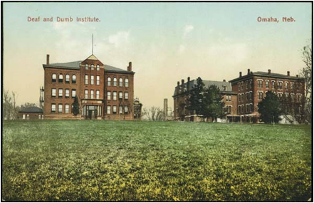 The Nebraska School for the Deaf was called the "Deaf and Dumb Institute" in the 1910s when this postcard was made.