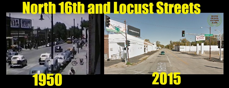 This is a then-and-now comparison of the intersection of North 16th and Locust Streets in North Omaha, Nebraska, between 1950 and 2015.