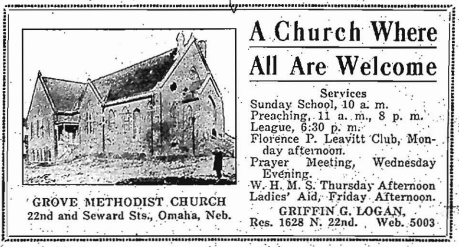 An early ad for the segregated Grove Methodist Church at 22nd and Seward Streets in North Omaha, Nebraska