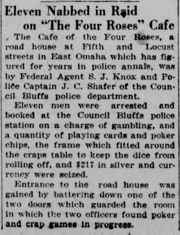 The Cafe of the Four Roses was at North 5th East Avenue and Locust Street in East Omaha when this article was written in January 1923.