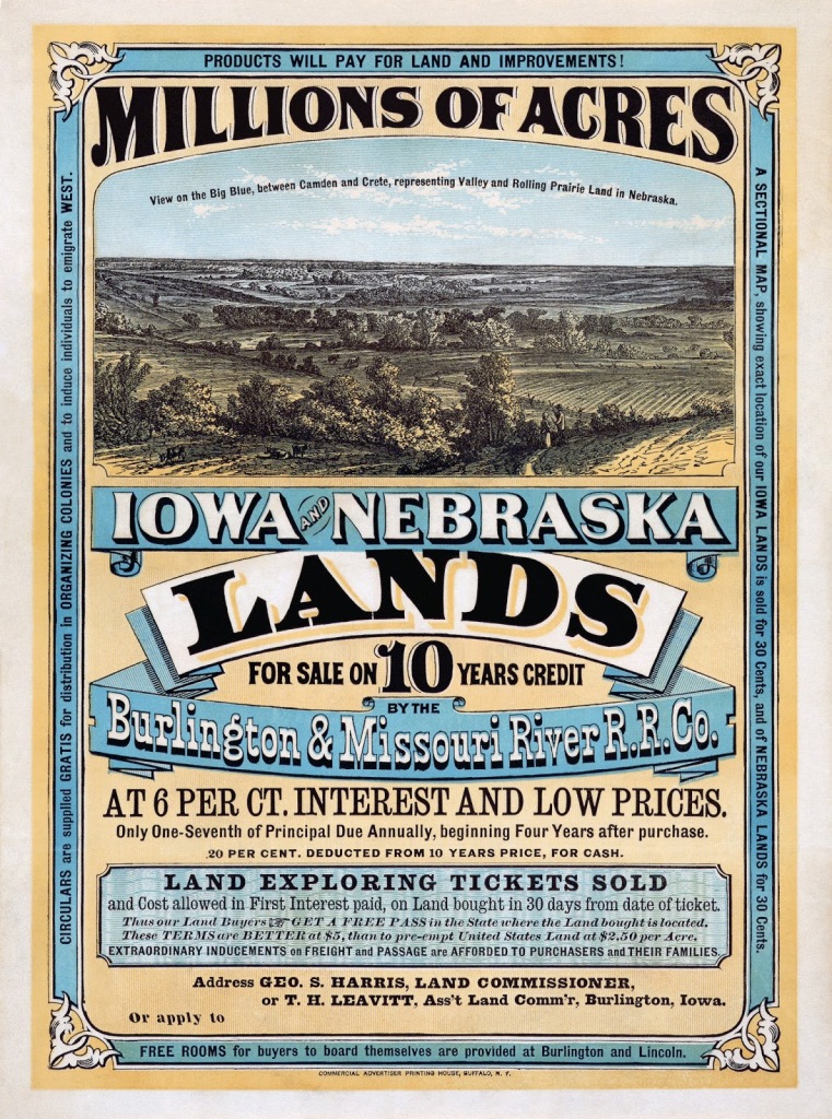 This is an image of an 1858 poster for "Millions of acres" in Iowa and Nebraska lands.