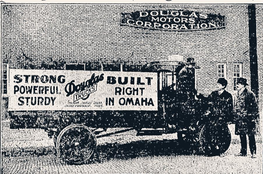 This 1920s image shows a Douglas Truck outside of the Douglas Motors Corporation factory on North 30th Street in North Omaha, Nebraska.