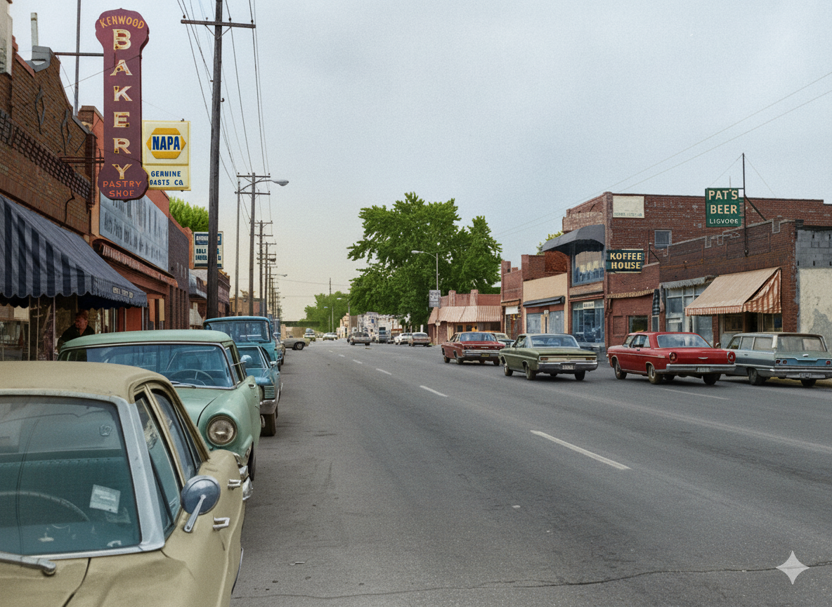 This is a colorized image from the Ames Bar and Grill at North 30th and Ames, looking north towards Fowler Avenue in 1971. Some of the businesses here include Pat's Beer, the Koffee House and Gatchell's Hardware. Original pic courtesy of Durham Museum.