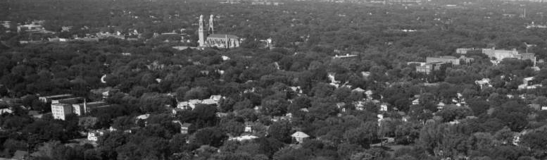A 1960s birdseye view of the West Central / Cathedral neighborhood. Note the St. Cecilia's Cathedral in the middle.