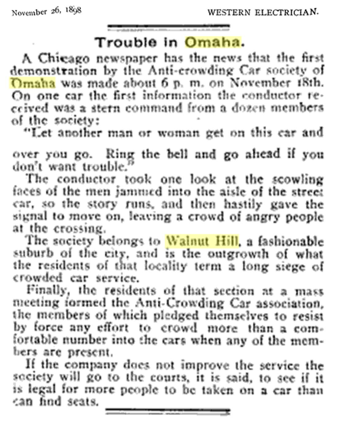 An excerpt from the Western Electrician Journal in 1898 detailing the Anti-Crowding Car Society protests in the Gold Coast neighborhood.