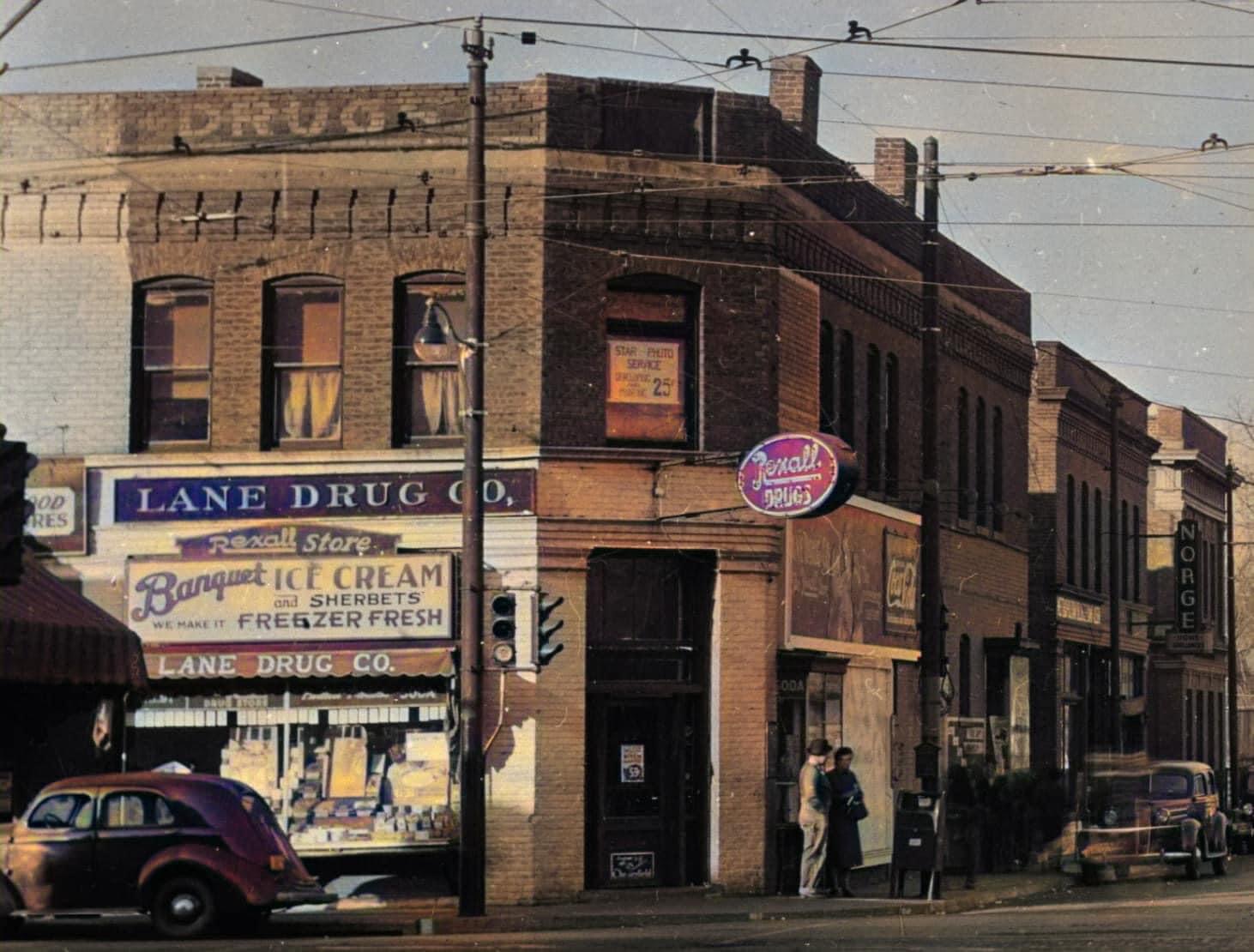 This is a colorized pic of the northwest corner of 24th and Ames in the 1940s.