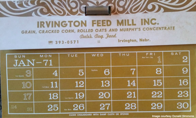 1971 Irvington Mill Calendar Nebraska