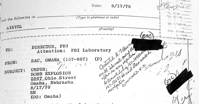 FBI letter regarding North Omaha bombing 8-17-70