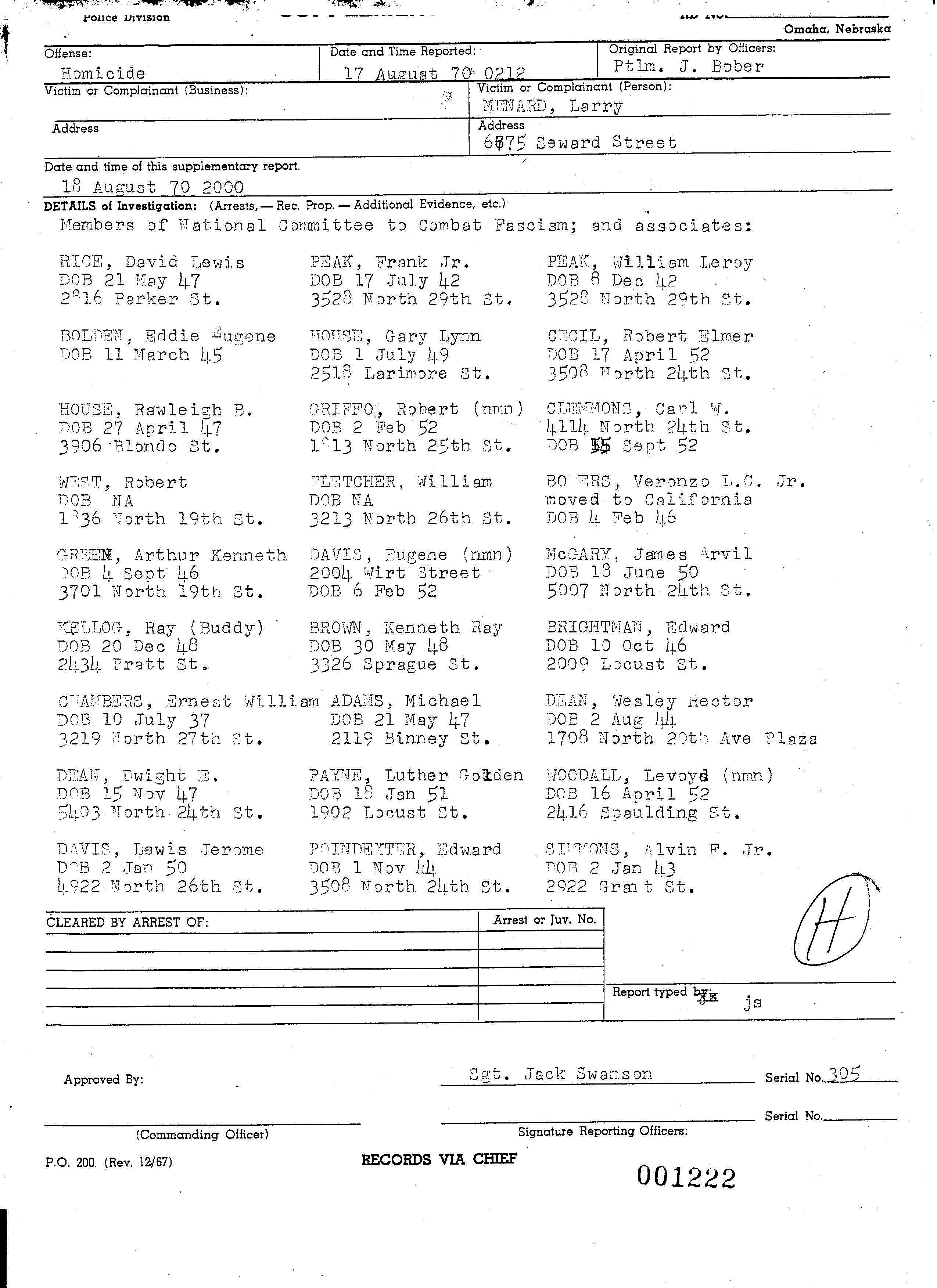 List of suspects in August 17 1970 North Omaha homicide by Omaha Police Department detective Jack Swanson