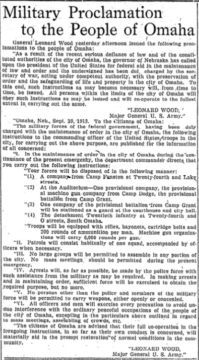 "Military Proclamation to the People of Omaha," US Army Major General Leonard Wood, September 29, 1919.