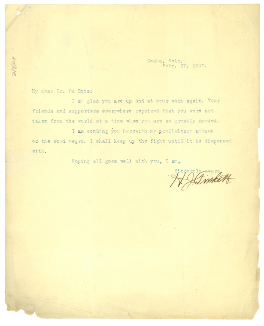 Letter from H. J. Pinkett to W.E.B. Du Bois, February 27, 1917.