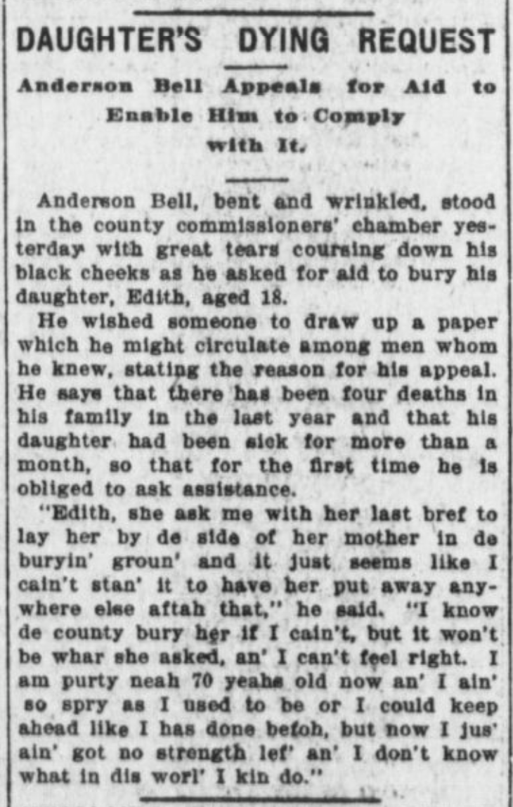 This 1902 newspaper article about Anderson Bell and his recently deceased daughter Edith appeared in the Omaha Bee on March 15.