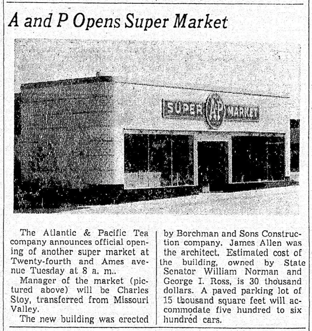 This is an announcement of the opening of the A&P Super Market at 4515 N. 24th St. from the Omaha World-Herald on September 14, 1941.