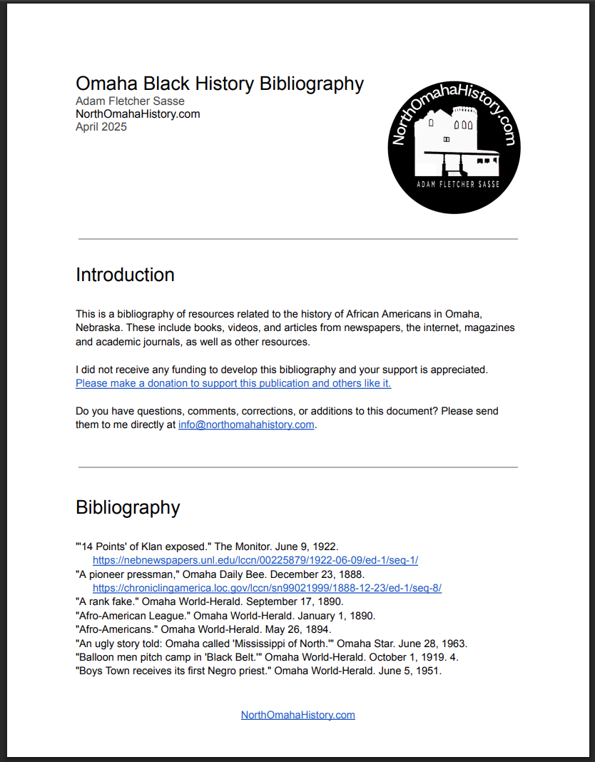 Omaha Black History Bibliography by Adam Fletcher Sasse for NorthOmahaHistory.com (2025)